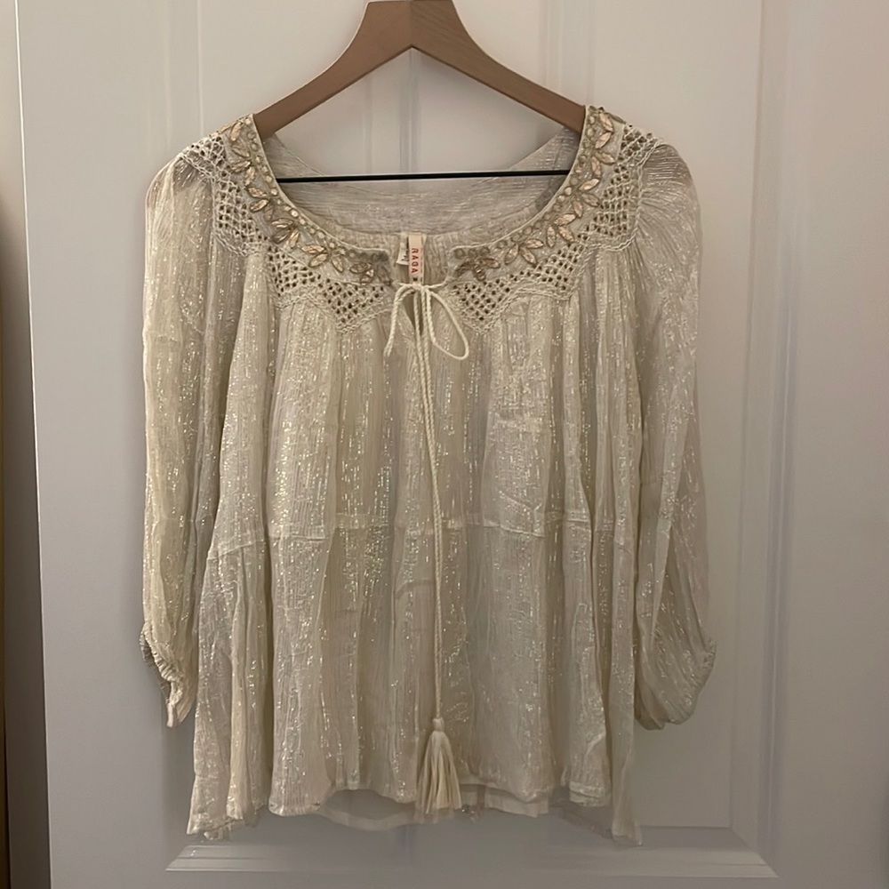 RAGA Cream Embellished Crochet Yoke Peasant Blouse